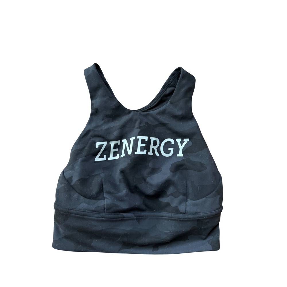 Lululemon Energy Bra High Neck Long Line Camo ZENERGY Graphic Black Gray Size 2